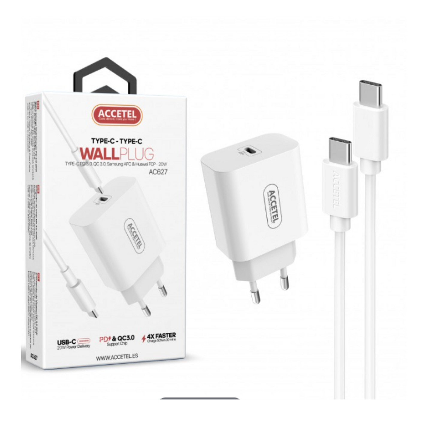 Cargador Pared Carga Rápida PD 20W - Cable USB-C a USB-C